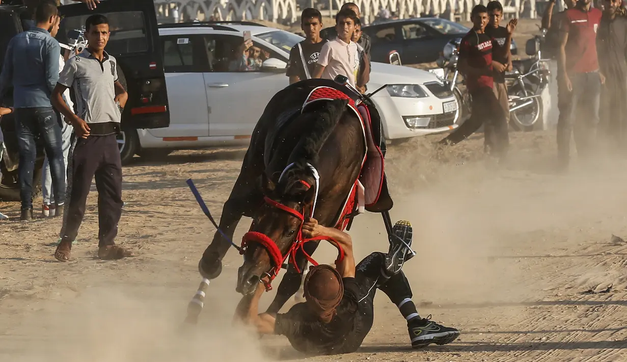Seorang joki terjatuh saat mengikuti balap kuda di Rafah, Jalur Gaza, Palestina, Selasa (10/9/2019). Balapan kuda tradisional Palestina tersebut digelar di bekas lokasi bandara Jalur Gaza yang telah hancur. (AFP Photo/Said Khatib)