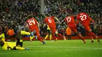 Bek Liverpool, Dejan Lovren (ketiga kanan) melakukan selebrasi usai mencetak gol kegawang Borussia Dortmund di leg kedua Liga Europa di stadion Anfield, Inggris, (15/4). Liverpool menang dramatis atas Dortmund dengan skor 4-3. (Reuters/Darren Staples)