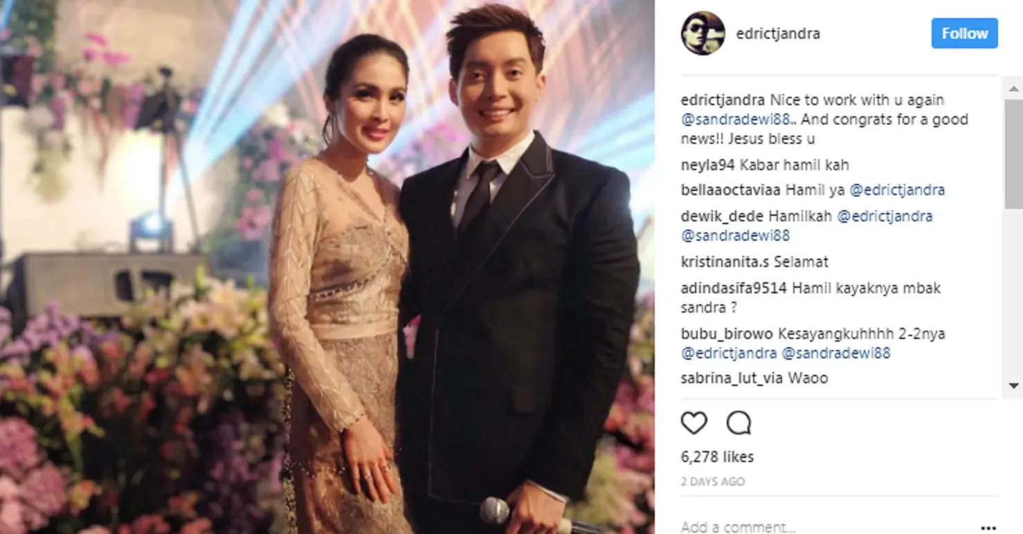 Gara-gara unggahan Edric Tjandra ini, netizen sebut Sandra Dewi tengah hamil. (Instagram/edrictjandra)