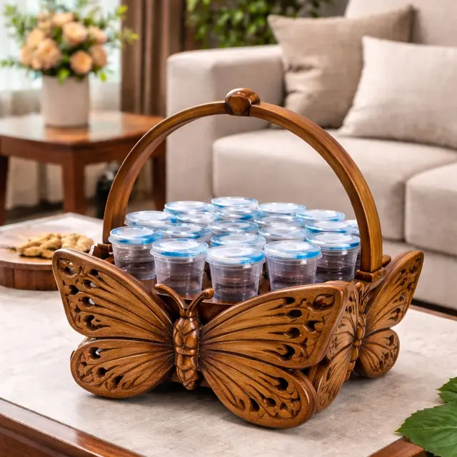 Model Tempat Air Mineral Gelas dari Kayu (ChatGPT)