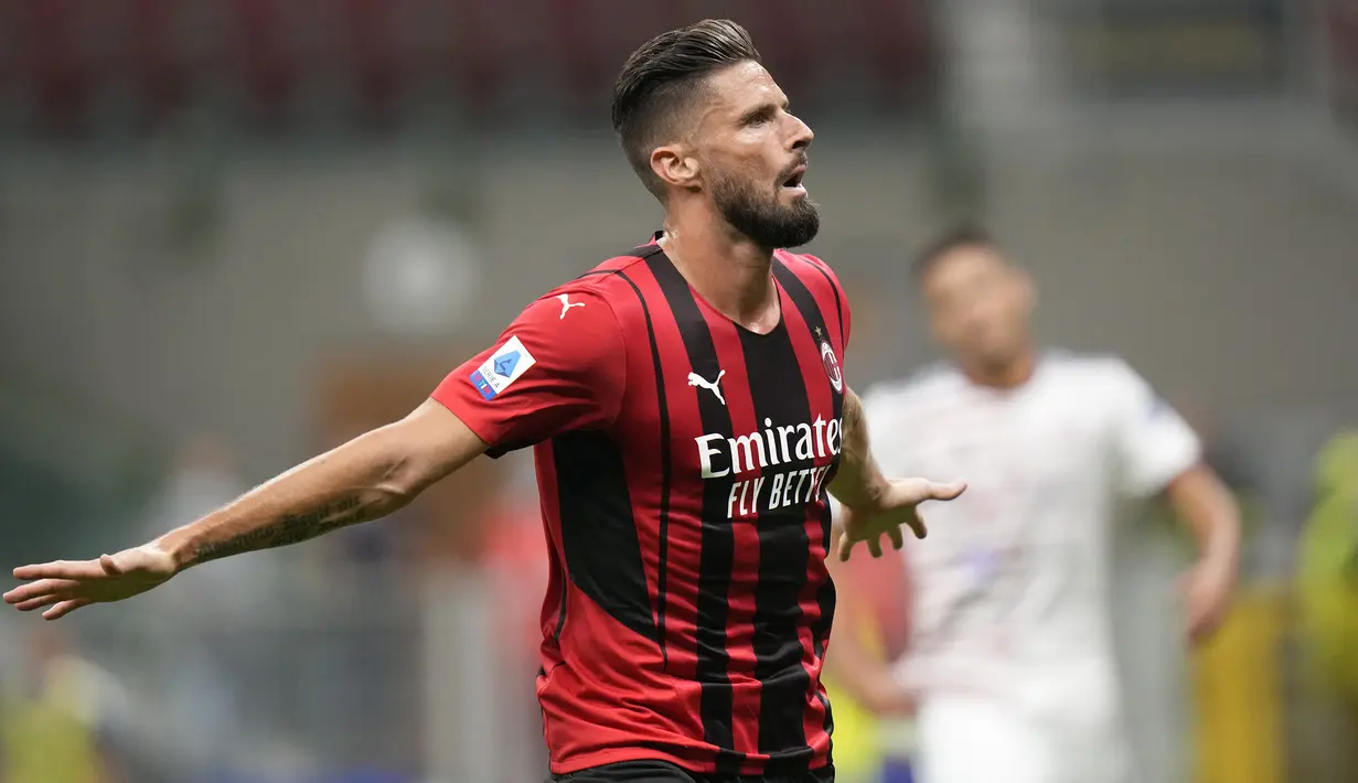 Olivier Giroud. Striker berusia 34 tahun yang baru saja didatangkan AC Milan dari Chelsea ini telah mencetak 2 gol. Kedua gol dicetak pada pekan kedua saat menang 4-1 atas tim tamu Cagliari. (Foto: AP/Luca Bruno)