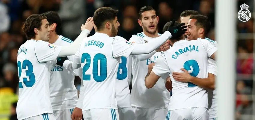 Para pemain Real Madrid merayakan gol yang dicetak Lucas Vazquez pada laga melawan Numancia (10/1/2018). (doc. Real Madrid)