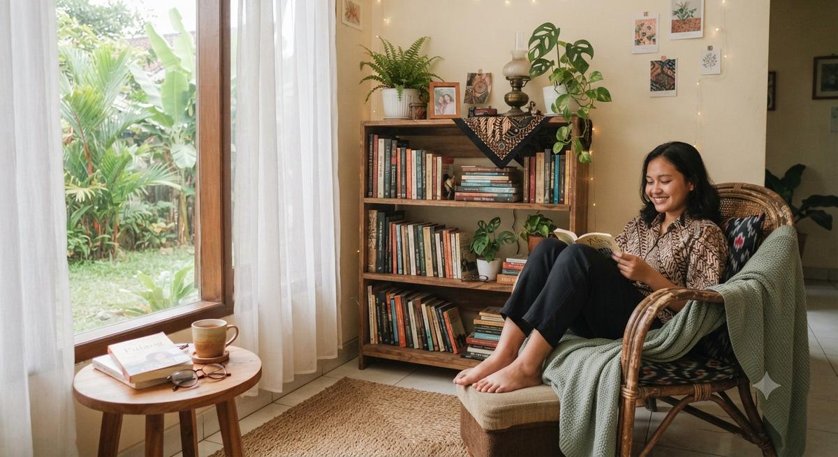 Sudut healing di rumah tanpa renovasi dan biaya mahal yang hasilnya cozy nyaman dengan rak buku yang jadi bookworm paradise