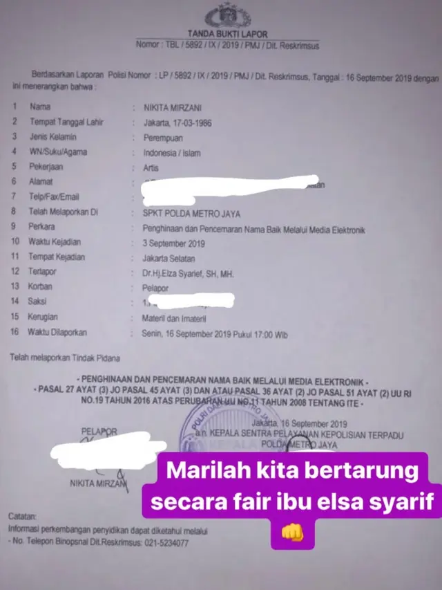 Laporan polisi Nikita Mirzani kepada Elza Syarief (Instagram)