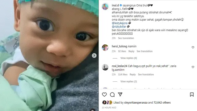 Putra Rizky Billar dan Lesti Kejora sudah pulang ke rumah pasca operasi hernia