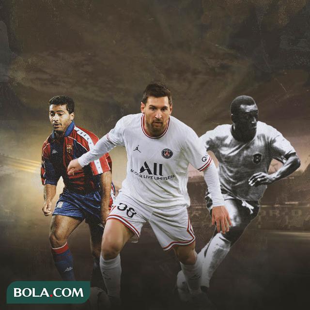 Ilustrasi - Lionel Messi dikelilingi Pele dan Romario