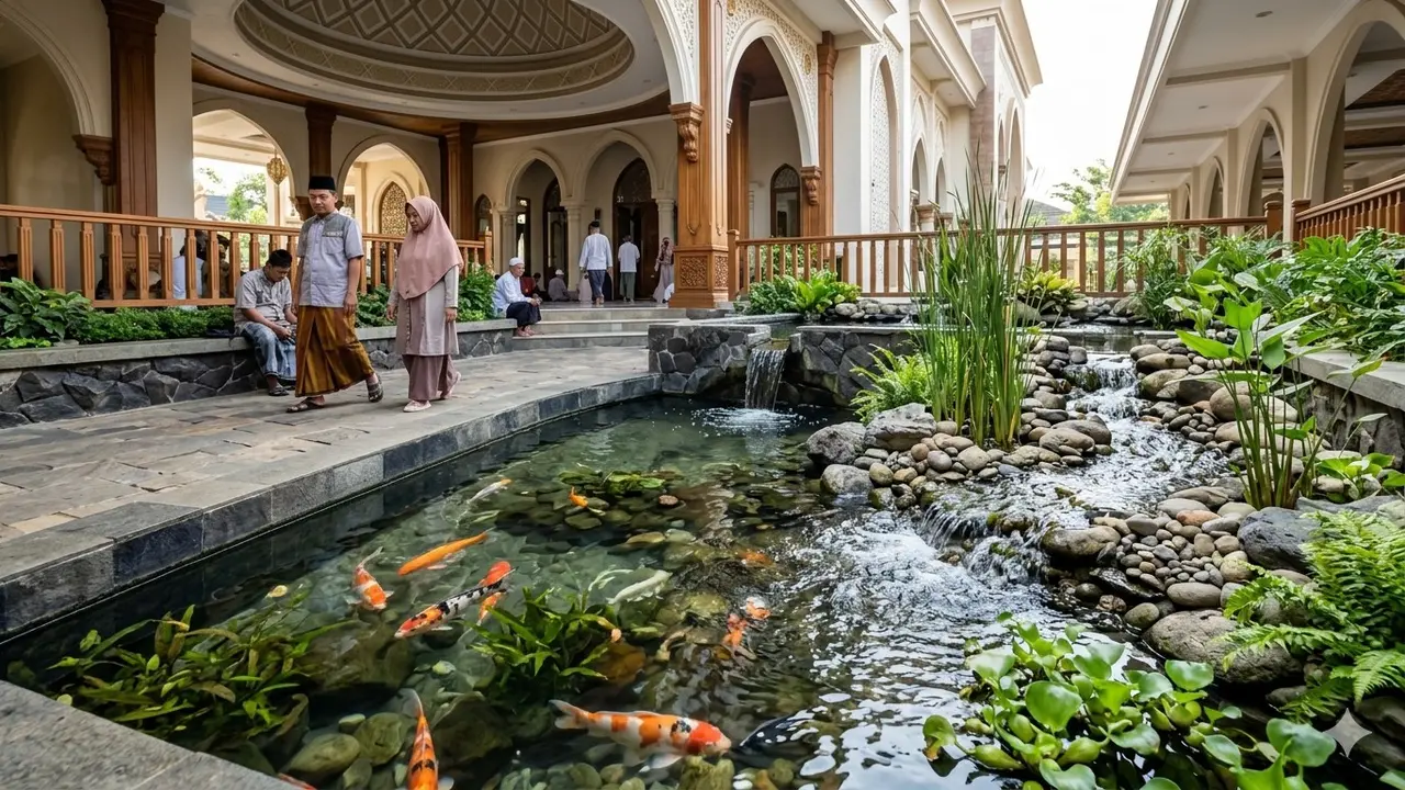 Kolam Ikan dengan Air Mengalir di Teras Masjid (Foto: Gemini AI)