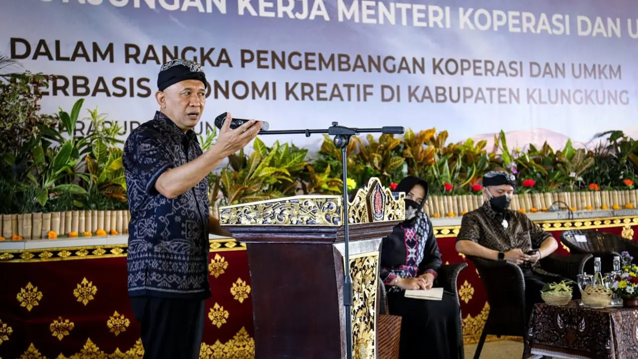 Menteri Koperasi dan UKM Teten Masduki dalam acara Pengembangan Koperasi dan UMKM Berbasis Ekonomi Kreatif di Kabupaten Klungkung, Selasa (8/6/2021).
