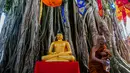 Seorang biksu berdiri dekat patung Buddha saat berziarah ke Candi Borobudur, Magelang, Jawa Tengah, Sabtu (18/52019). Ziarah yang diikuti oleh para biksu dan umat Buddha tersebut untuk merefleksikan ajaran Sang Buddha serta menyambut Waisak 2563 BE/2019. (OKA HAMIED/AFP)