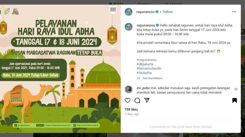 Salah satu destinasi saat libur Hari Raya Idul Adha 1445 Hijriah yang bisa dipilih adalah Taman Margasatwa Ragunan yang ada di Pasar Minggu, Jakarta Selatan (Jaksel).