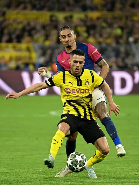 Borussia Dortmund terus mengejar gol berikutnya. Namun, di menit-menit akhir pertandingan Barcelona berhasil mengontrol ritme permainan dengan baik. Laga berakhir dengan skor akhir 3-1 untuk kemenangan Borussia Dortmund. (INA FASSBENDER/AFP)