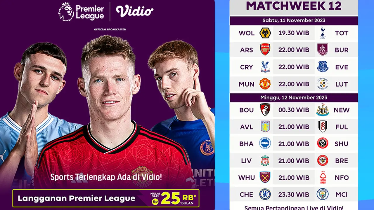 Jadwal dan Link Streaming Premier League Matchweek 12 di Vidio