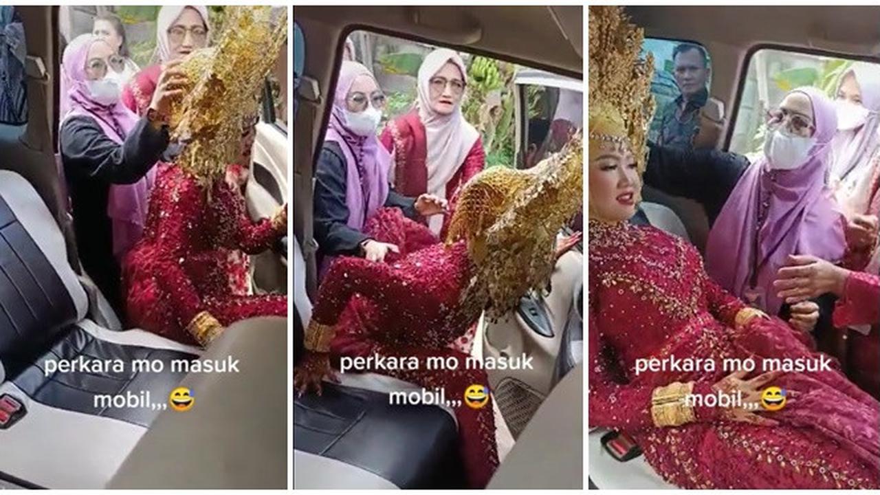 Suntiang Terlalu Tinggi, Pengantin Wanita Ini Kesulitan Masuk ke Dalam Mobil