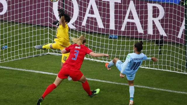 Timnas Wanita Amerika Serikat (AS) menang 13-0 atas Thailand pada babak penyisihan grup F Piala Dunia Wanita 2019 (AP Photo/Francois Mori)