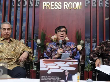 Menteri Hukum dan HAM Yasonna Laoly menunjukkan dokumen hasil verifikasi partai poltik untuk memperoleh status badan hukum di Kemenkumham, Jakarta, Jumat (7/10). PSI menjadi satu satunya parpol baru yang lolos verifikasi. (Liputan6.com/Helmi Fithriansyah)