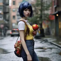 Snow White tampil dengan rambut pendek berwarna biru. Gayanya terlihat lebih modern dan kasual, meninggalkan baju ala princess.  [Foto: twitter.com/the_aeye]