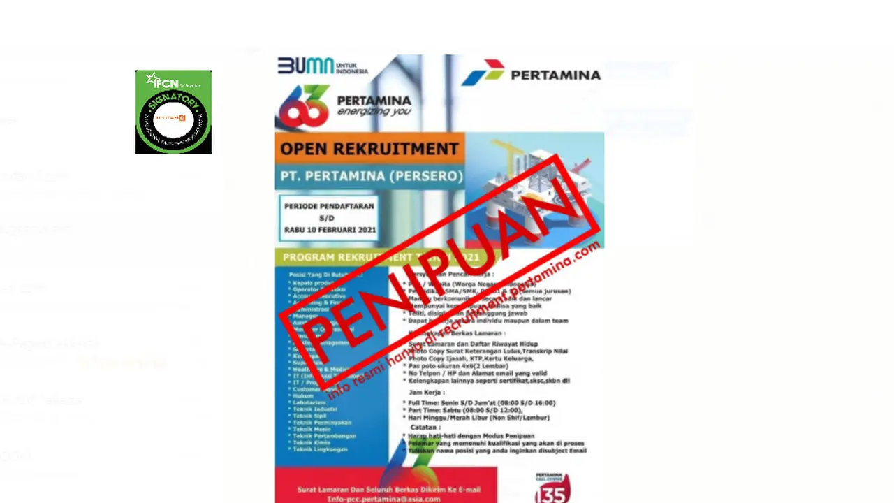 Hoaks pengumuman pembukaan perekrutan karyawan Pertamina