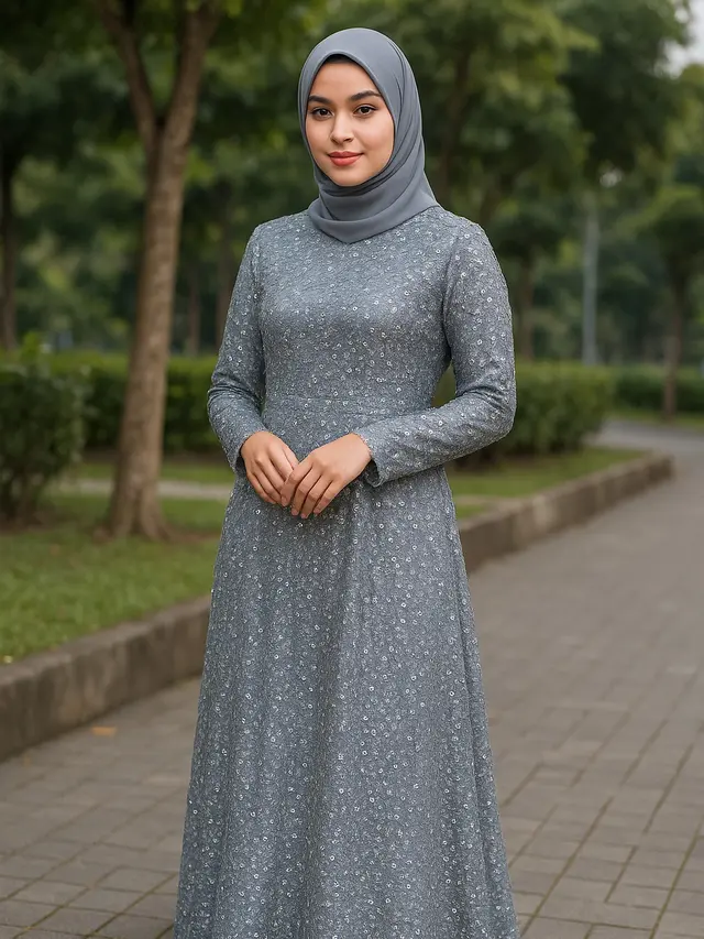 7 Model Gamis Brokat Warna Abu-Abu Kombinasi Terbaru, Simpel dan Elegan
