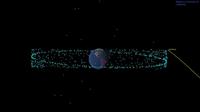 Asteroid Apophis yang lintasannya amat dekat dengan Bumi (kuning) akan melewati planet ini pada tahun 2029 dalam jarak yang setara dengan beberapa satelit (biru). Garis ungu mewakili orbit Stasiun Angkasa Luar Internasional. (NASA)