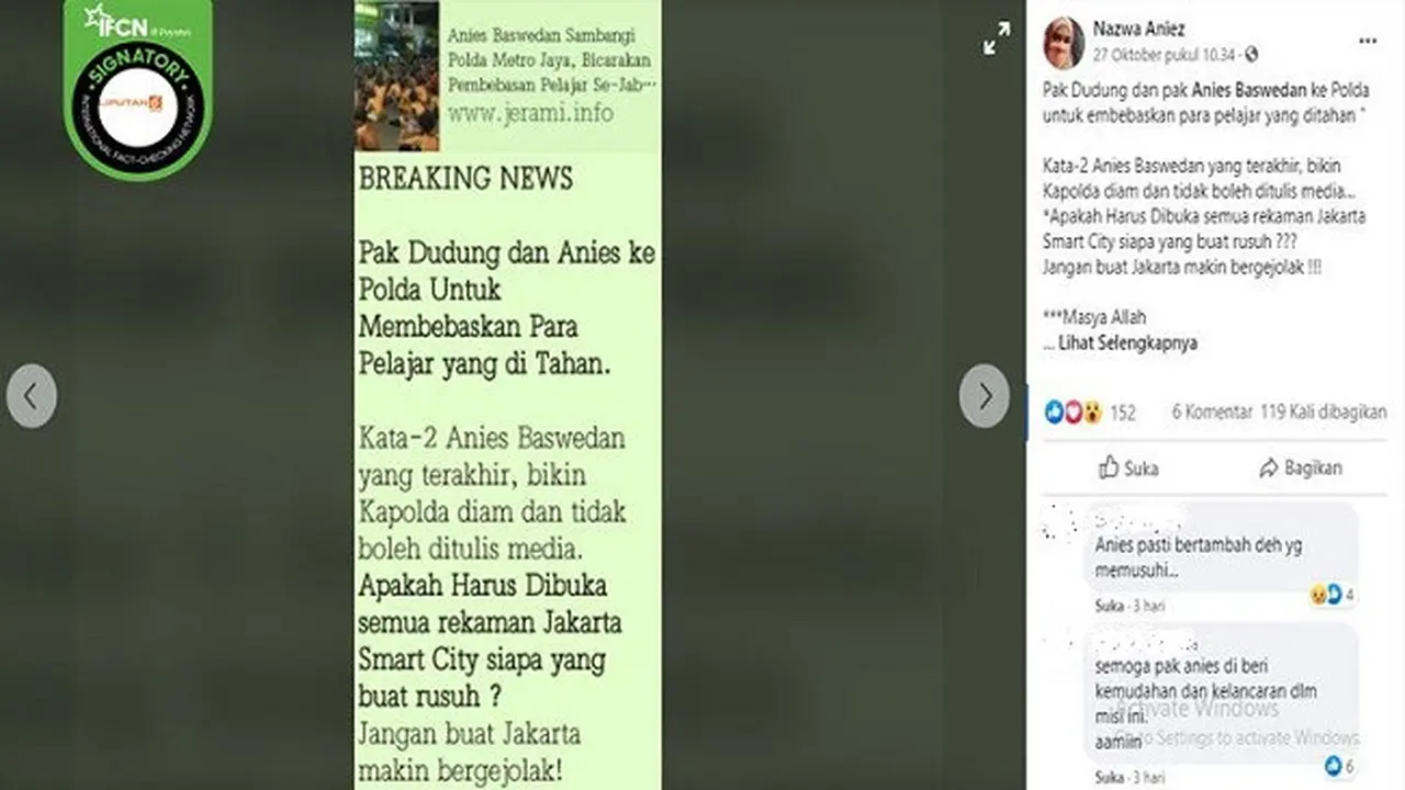 Gambar Tangkapan Layar Klaim tentang Gubernur DKI Jakarta Anies Baswedan yang Mengancam Membuka Rekaman CCTV Jakarta