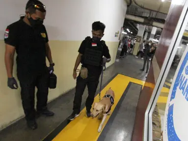 Tim Operasi K9 Badan Narkotika Nasional (BNN) bersama anjing pelacak menyusuri sejumlah titik di lingkungan Apartemen Gading Mediterania Residence (GMR) Jakarta, Sabtu (7/8/2021). Penyusuran dilakukan guna menekan angka perederan narkoba di Indonesia. (Liputan6.com/Fery Pradolo)