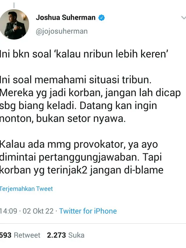 Joshua Suherman memberi tanggapan tentang victim blaming di Tragedi Kanjuruhan (Foto; Screenshot Twitter @jojosuherman)