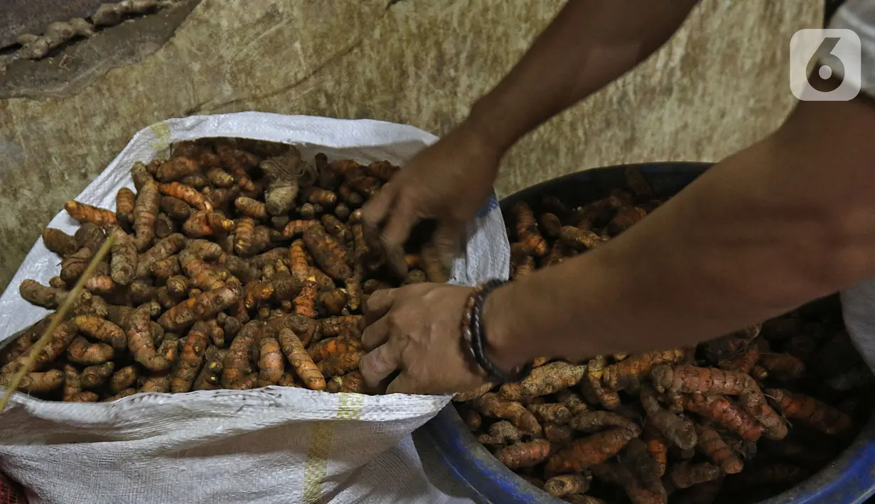 Pedagang menata jahe dagangannya di Pasar Induk Kramat Jati, Jakarta, Kamis (5/3/2020). Harga jahe mengalami kenaikan dari Rp25 ribu perkilogram kini dibanderol Rp35 ribu karena dipercaya mampu menangkal penyebaran virus corona Covid-19 yang sudah masuk Indonesia. (Liputan6.com/Herman Zakharia)