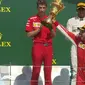 Pembalap Ferrari, Sebastian Vettel (depan), menjuarai balapan F1 GP Inggris, di Sirkuit Silverstone, Minggu (8/7/2018). (Twitter/F1)