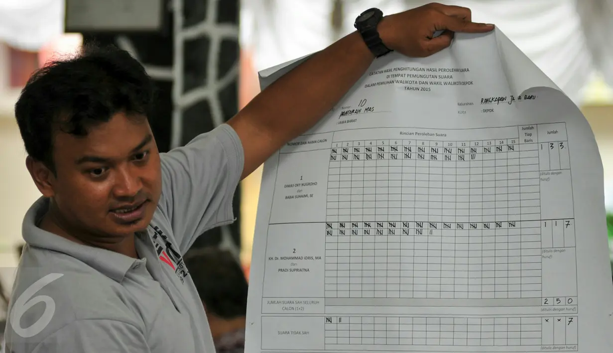 Petugas menunjukkan data perolehan suara dalam rekapitulasi suara Pilkada di Kecamatan Pancoran Mas, Depok, Jumat (11/12/2015). Ditargetkan, rekapitulasi suara kota Depok akan rampung pada 16 Desember 2015. (Liputan6.com/Yoppy Renato)