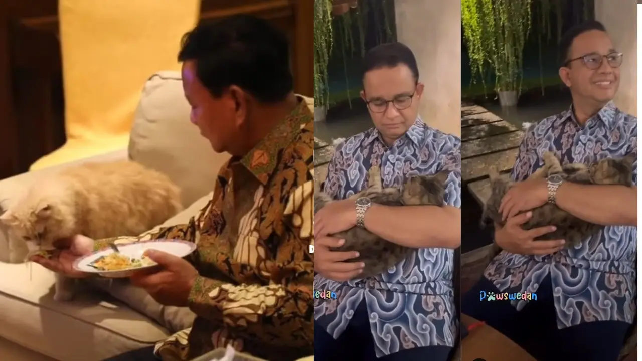 Prabowo Subianto dan Anies Baswedan bersama kucing-kucingnya. (Tangkapan layar YouTube/ GerindraTV. Instagram/ pawswedan)