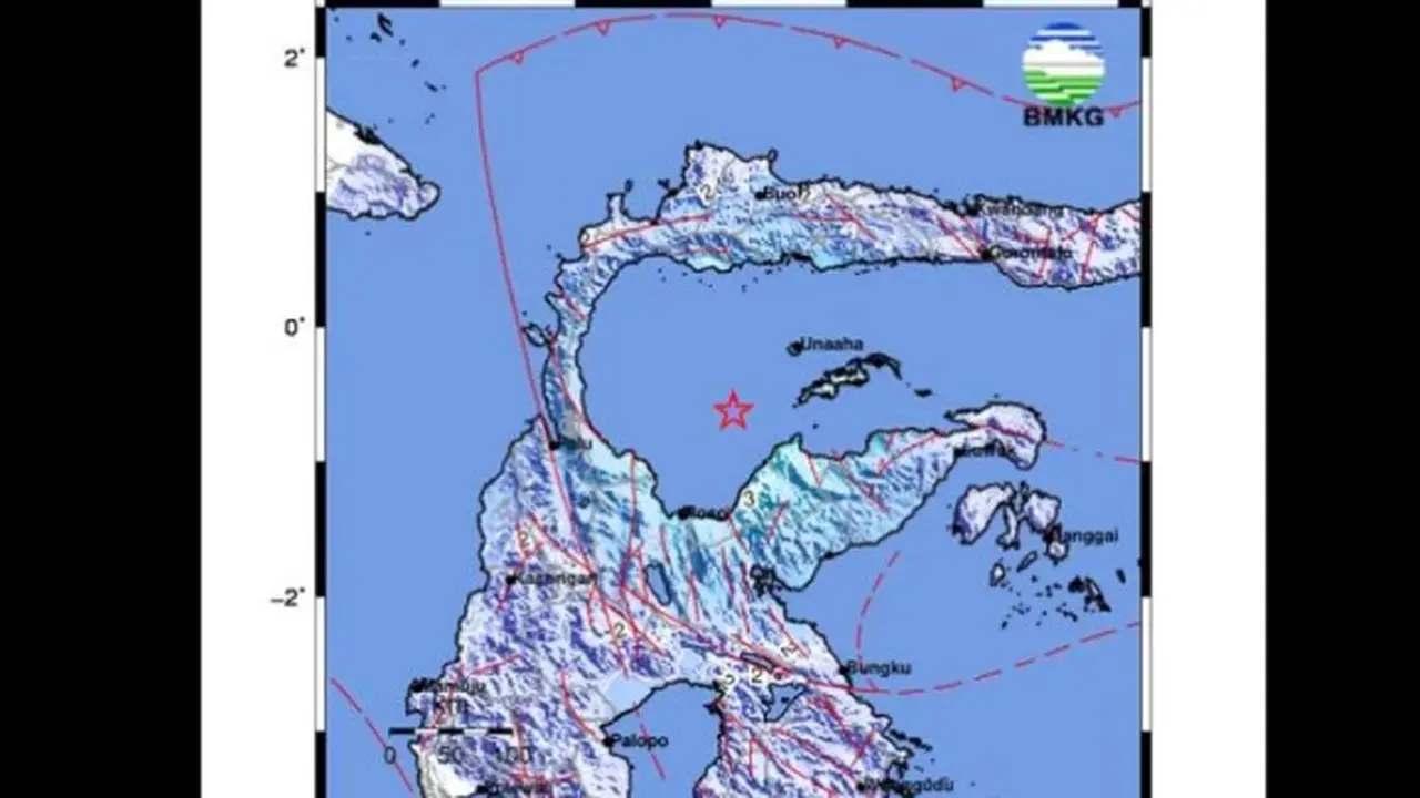 Gempa bumi berkekuatan M5.2 pada kedalaman 114 Km di Teluk Tomini, Sulawesi Tengah. (Istimewa)