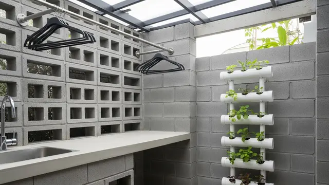 Inspirasi Area Jemuran Belakang Dapur dengan Roster Beton dan Tanaman Vertikal Pipa (Image by Gemini AI)