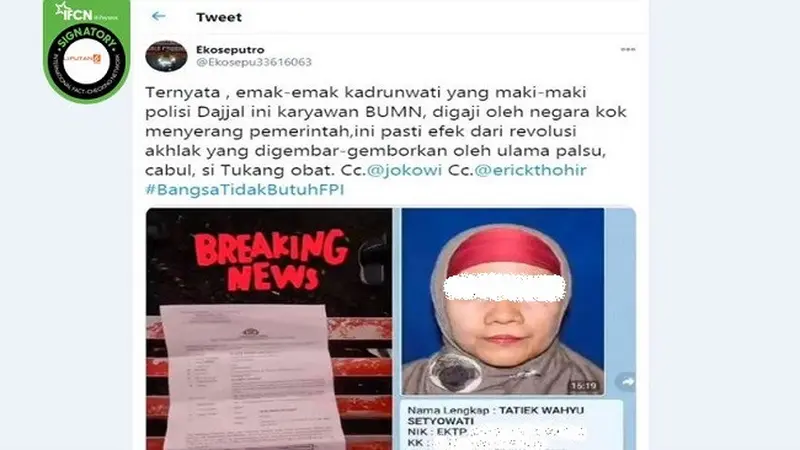 Gambar Tangkapan Layar kabar Pelaku yang Sebut Polisi Dajjal Karyawan BUMN (sumber: Twitter)