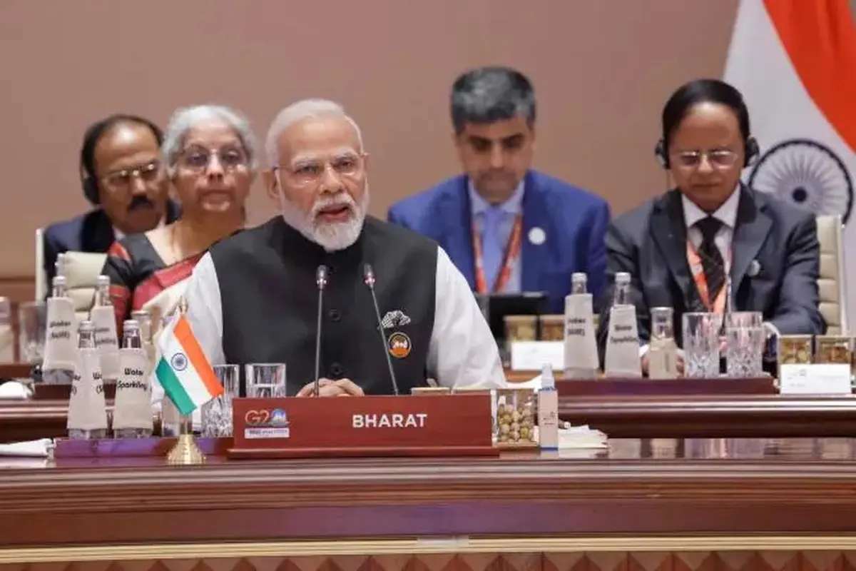 Perdana Menteri Narendra Modi berpidato pada KTT G20 di Bharat Mandapam, New Delhi, India. (Ludovic MARIN / POOL / AFP)