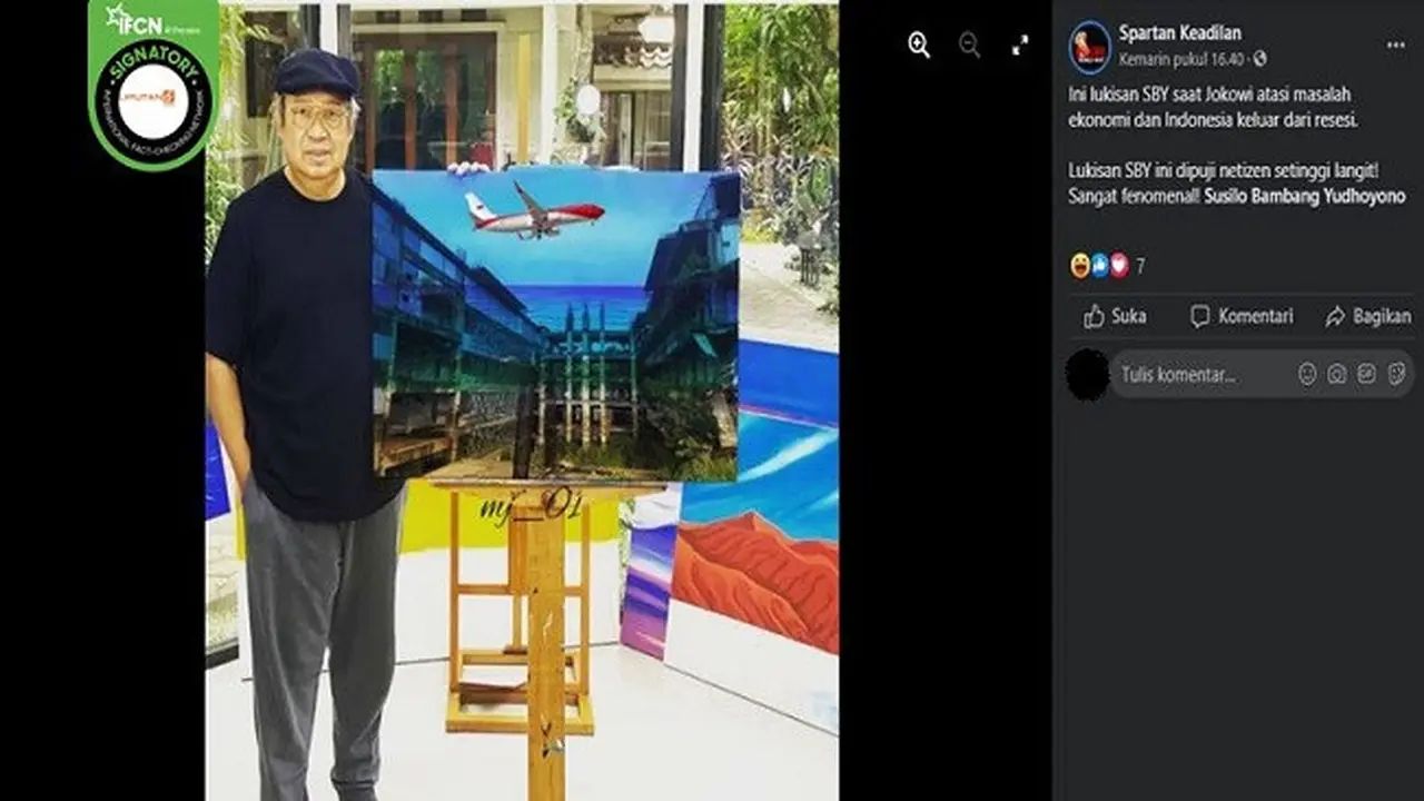 Gambar Tangkapan Layar Foto yang diklaim SBY Pamer Lukisan Pesawat Merah Putih Terbang di Atas Bangunan Mangkrak (sumber: Facebook).