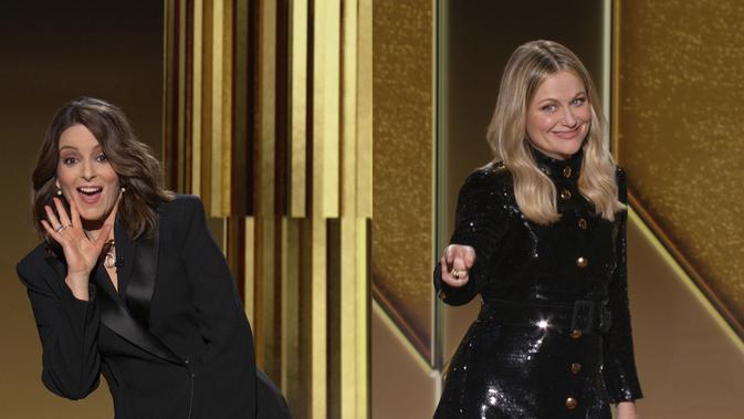 Tina Fey dan Amy Poehler saat menjadi host Golden Globes 2021. (NBC via AP)