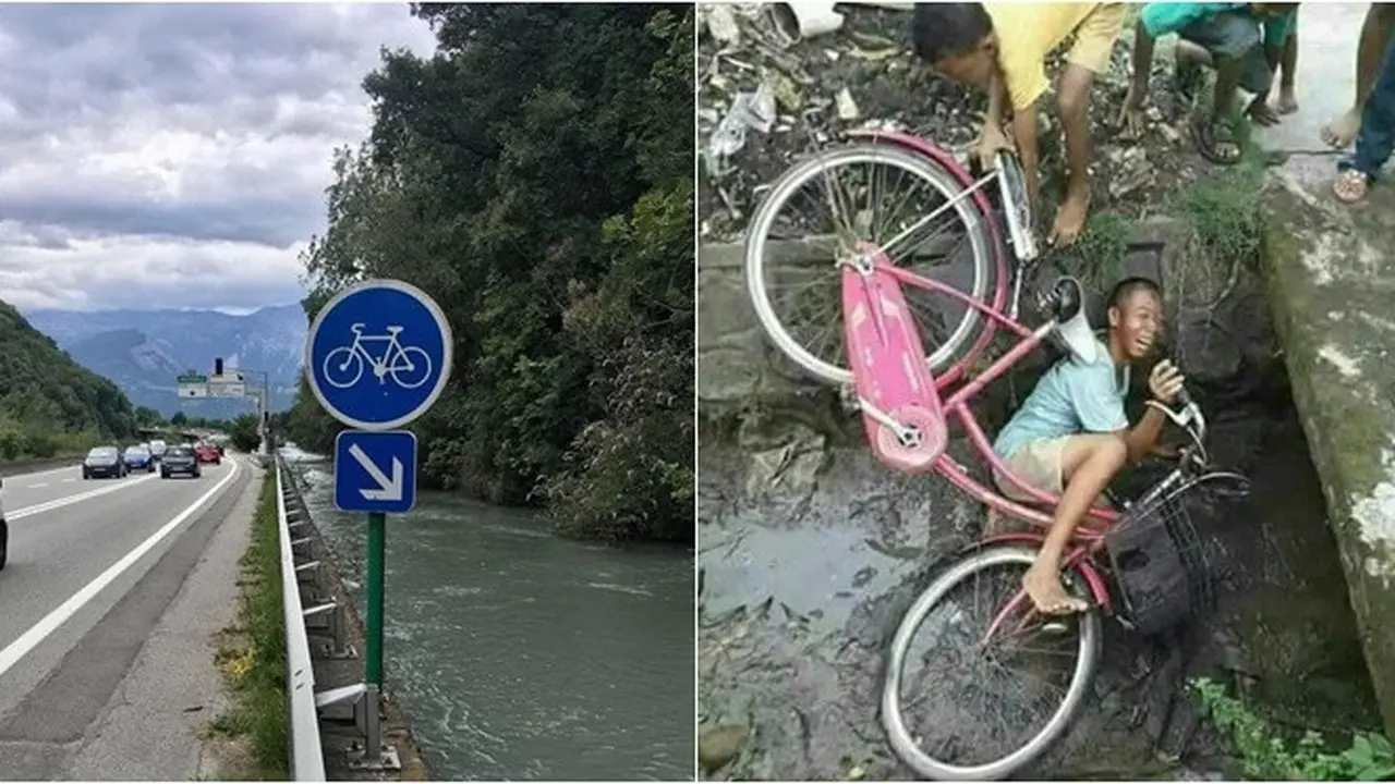 7 Potret Kocak Bila Jalur Sepeda Lewat Sungai Ini Bikin Ngakak