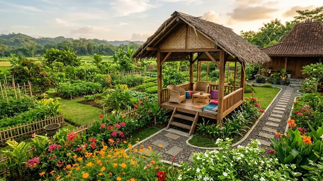 Kebun dengan Gazebo Kayu Sederhana sebagai Titik Istirahat