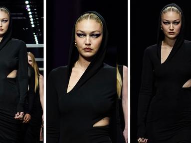 Foto kolase Gigi Hadid saat mengenakan koleksi Musim Semi Musim Panas 2023 wanita Versace selama event Milan Fashion Week di Milan, Italia (23/9/2022). (AP Photo/Alberto Pezzali)