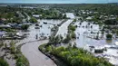 Foto udara memperlihatkan banjir menggenangi desa Slobozia Conachi, Rumania, pada tanggal 14 September 2024. (Daniel MIHAILESCU/AFP)