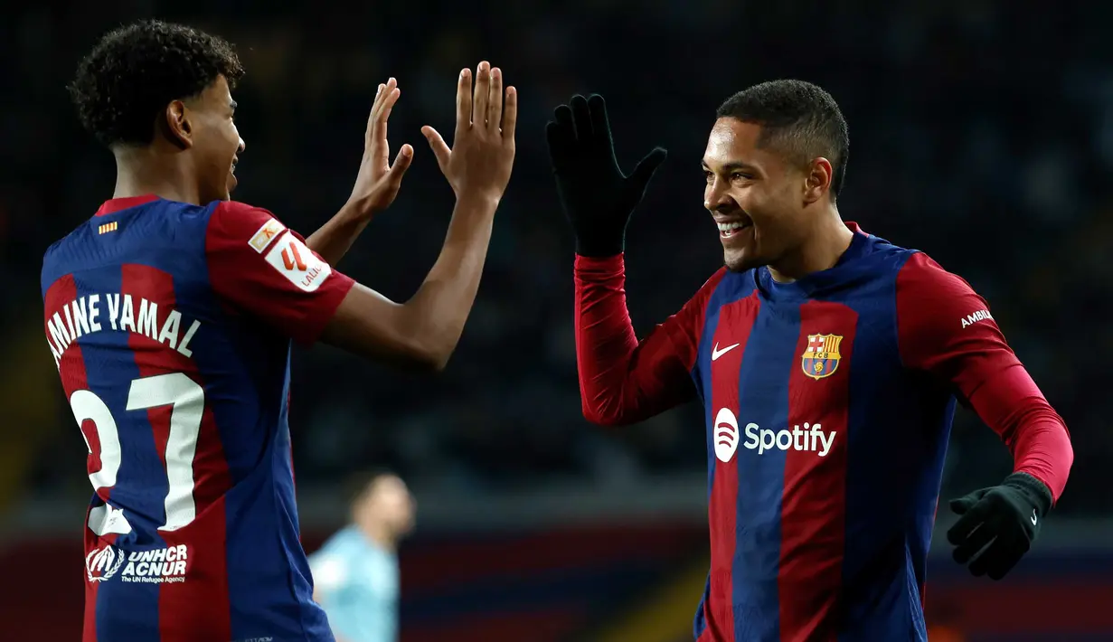 Ini menjadi gol pertama Vitor Roque dari enam penampilan bersama Barcelona di semua laga sepanjang musim 2023-2024. (AP Photo/Joan Monfort)