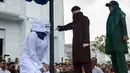 Petugas syariah mencambuk pekerja seks komersial (PSK) online di halaman Masjid Jamik Lueng Bata, Banda Aceh, Aceh, Jumat (20/4). Petugas syariah melakukan hukum cambuk terhadap dua PSK online. (CHAIDEER MAHYUDDIN / AFP)