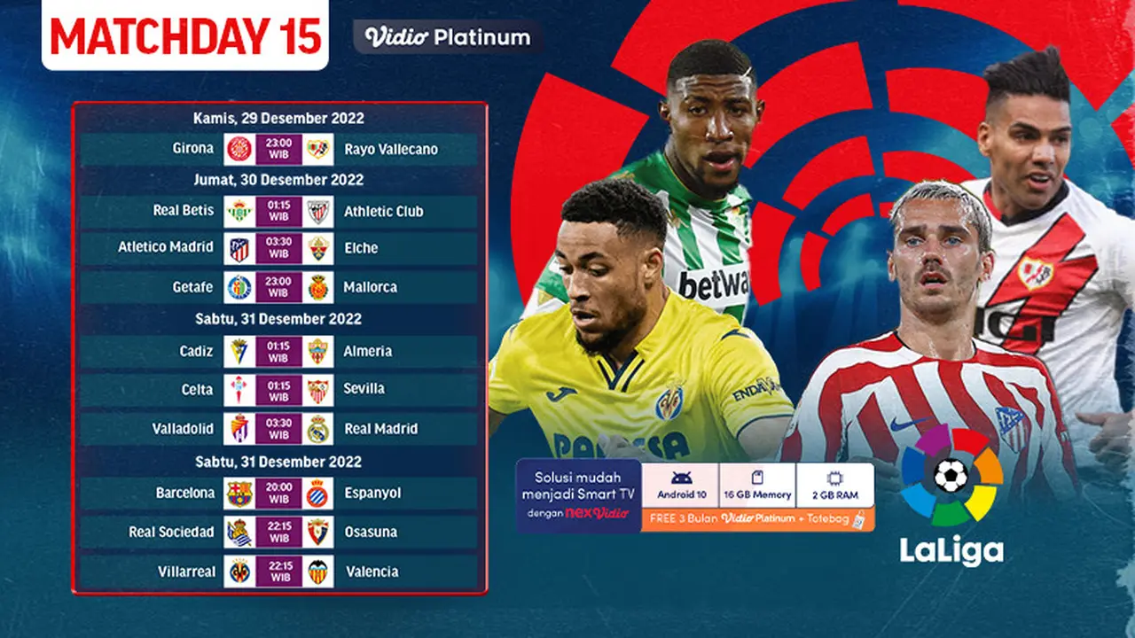 Dapatkan Link Streaming La Liga Spanyol 2022/23 Matchday 15 di Vidio 30-31 Desember