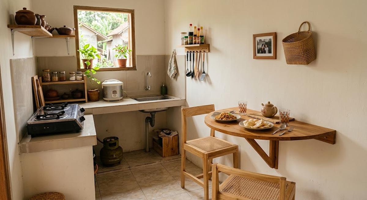 Ide dapur kecil dengan meja makan lipat yang cocok buat rumah minimalis model berbentuk setengah lingkaran