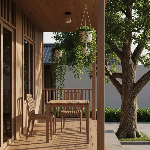 Inspirasi Teras Rumah di Kampung dengan Pohon dan Kursi Kayu (Image by Gemini AI)