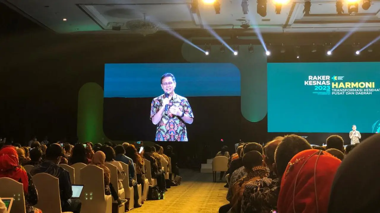 Menkes Budi Gunadi Sadikin bicara transformasi kesehatan nasional dalam Rapat Kerja Kesehatan Nasional, di Jakarta Convention Center, Kamis (23/2/2023).