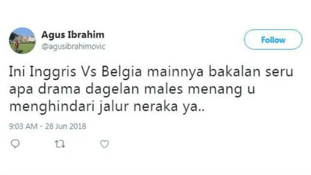 Di dunia maya, warganet menanggapi pertandingan Inggris lawan Belgia tersebut melalui cuitan-cuitan kocak.