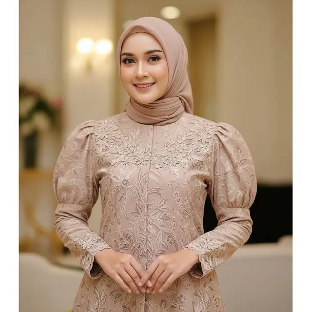 Tunik Batik Lengan Puff Warna Nude Detail Renda Brokat