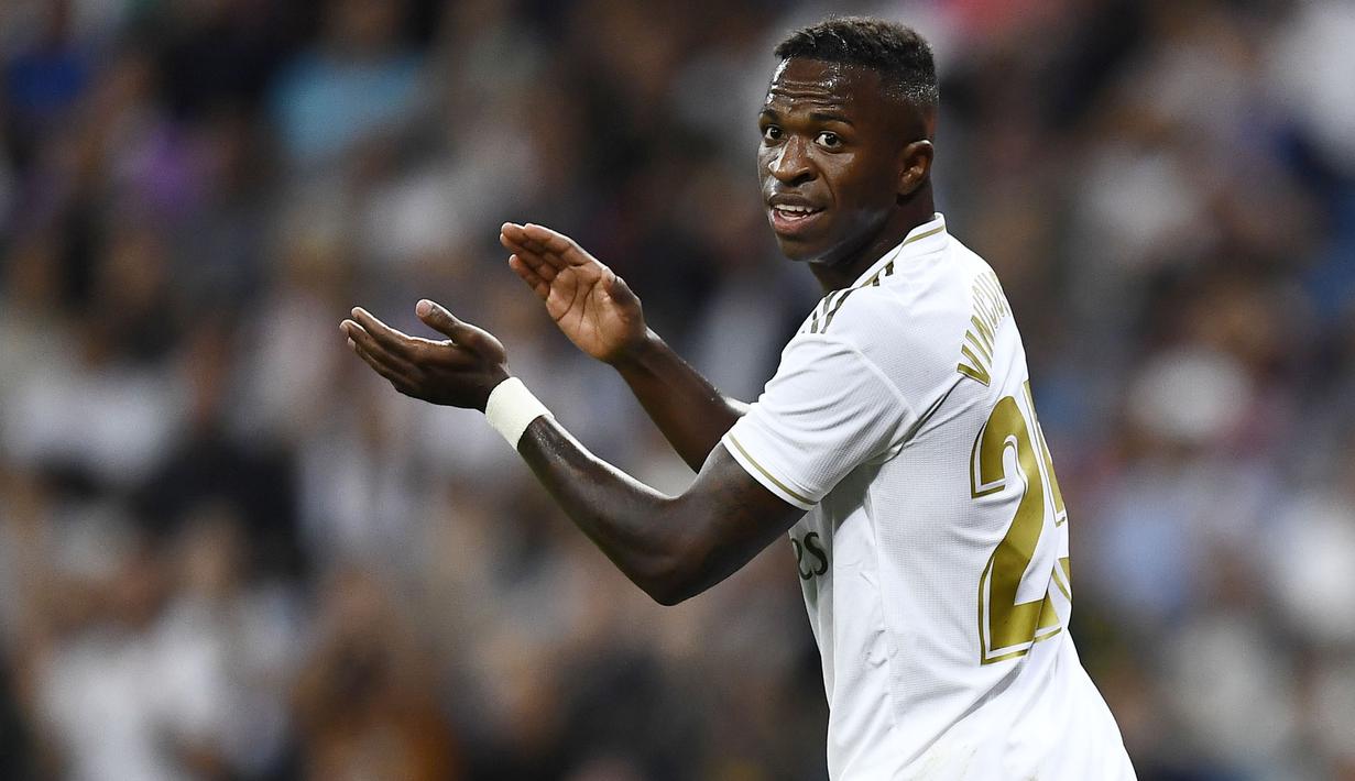 6. Vinicius Junior (Real Madrid) – Penyerang muda ini mampu tampil apik bersama Los Blancos. Pemain asal Brasil itu diharapkan bisa menjadi sosok penting di El Real. (AFP/Oscar Del Pozo)