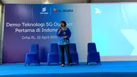 CEO XL Axiata, Dian Siswarini saat memberikan sambutan di Demo Teknologi 5G Outdoor di Jakarta, Rabu (12/4/2017) kemarin. (Liputan6.com/Corry Anestia)